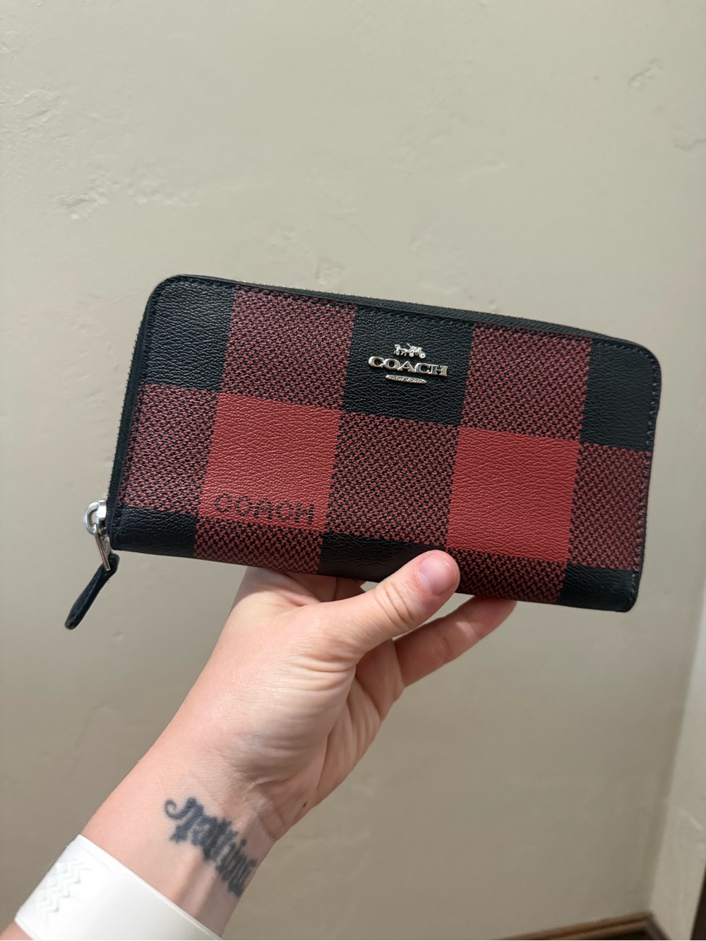 Coach Red and Black Check Zip Wallet with Silver Logo